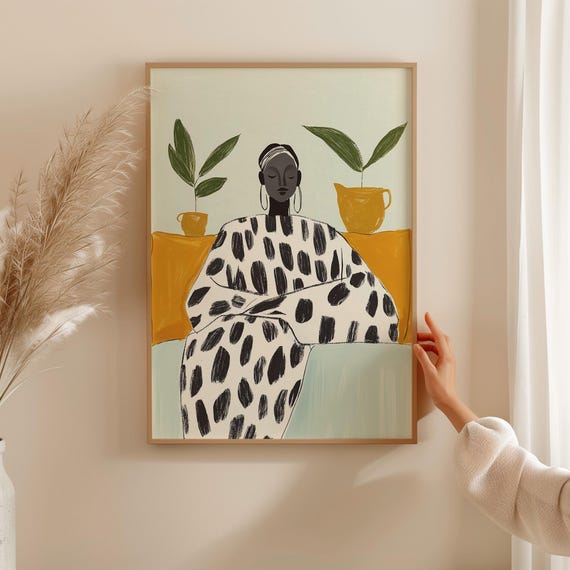 Modern Minimalist Woman Portrait Print Black And White Abstract Fashion Illustration Bold Art Print With Greenery And Mustard Decor