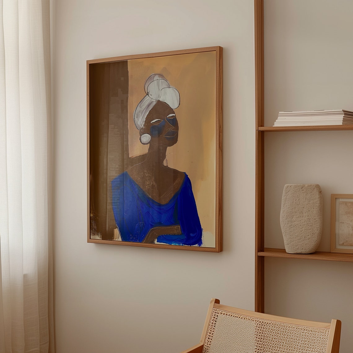 Abstract Woman Portrait In Electric Blue Dress Ochre Background Poster - Image 3