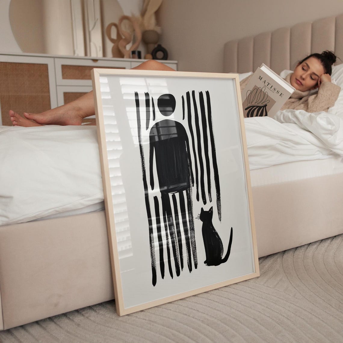 Abstract Cat And Human Art Print Black And White Minimalist Wall Decor Bold Striped Figures Modern Home Art Unique Gift For Cat Lovers - Image 4