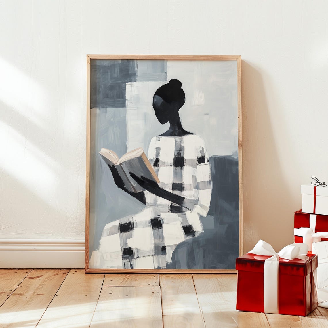 Faceless Woman Reading A Book In Grey Checkered Dress Wall Art - Image 3