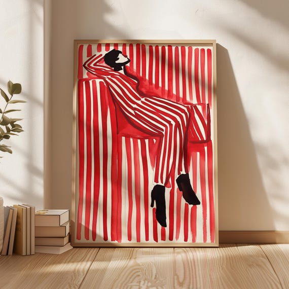 Bold Red Abstract People Large Wall Art Contemporary Artwork Minimalist Print Bedroom Wall Art Stripe Woman Print
