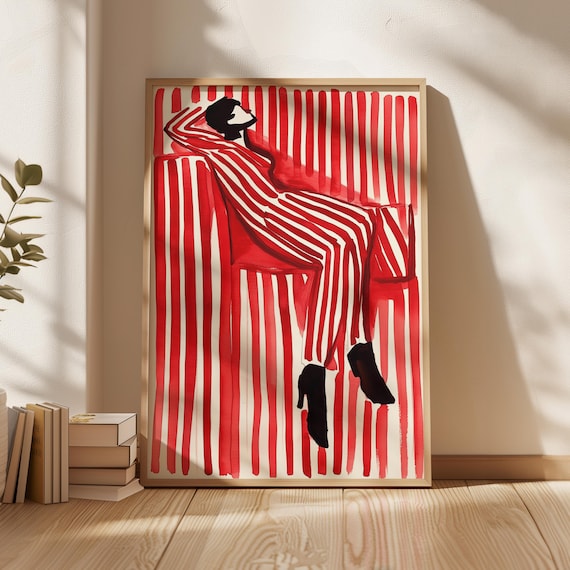 Reclining Woman Red Striped Dress Bold Chic Fashion Art Poster