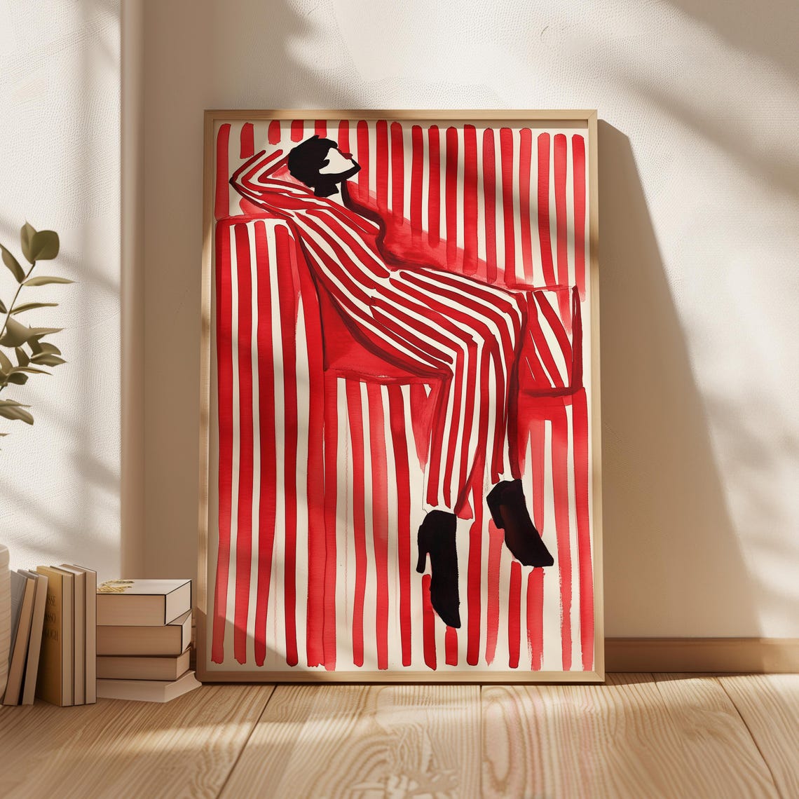 Bold Red Abstract People Large Wall Art Contemporary Artwork Minimalist Print Bedroom Wall Art Stripe Woman Print