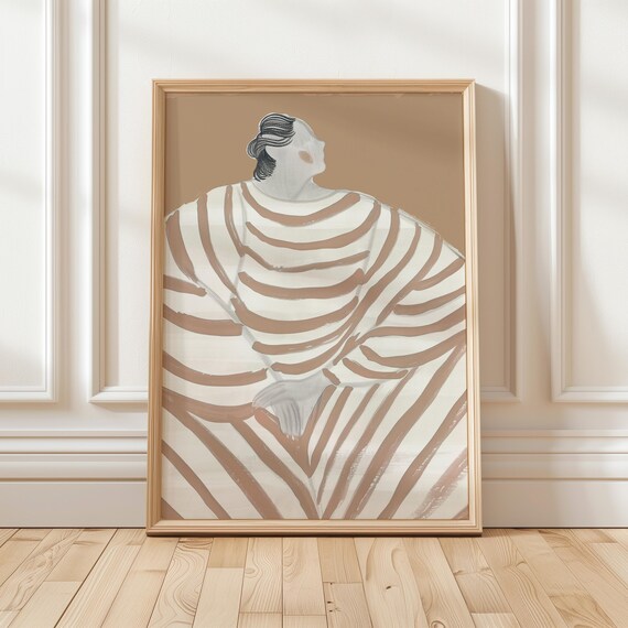 Striped Dress Figure Back View Beige Abstract Modern Portrait Poster