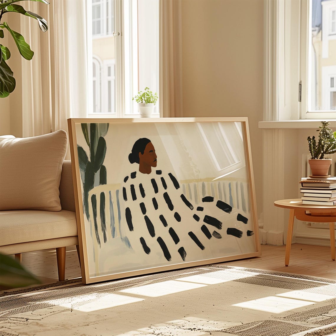 Woman in Bold Black Brushstroke Dress Beside Tall Cactus Poster - Image 2