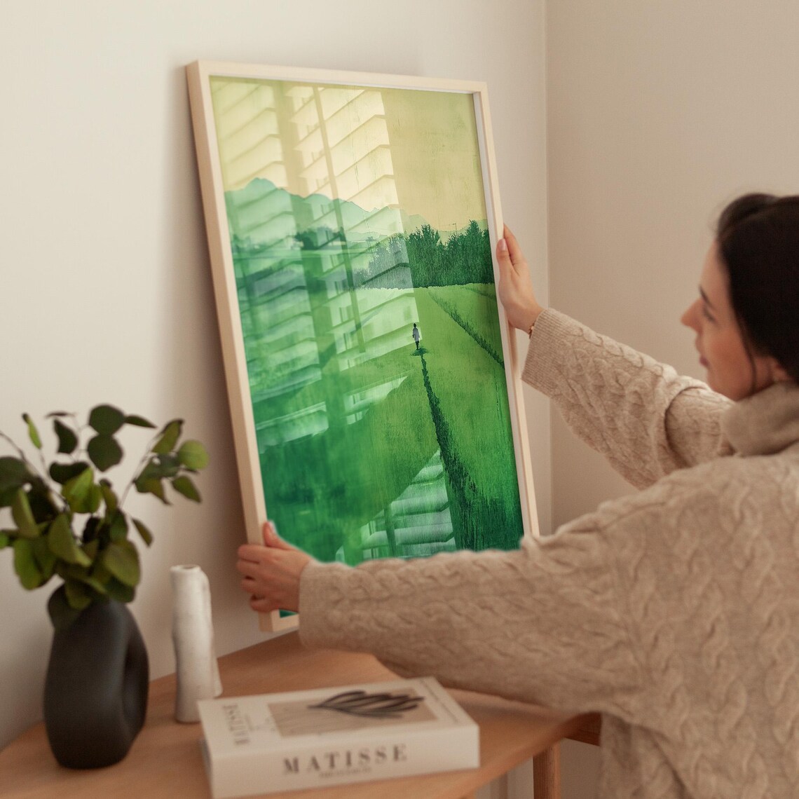 Minimalist Green Field, Lone Figure Meadow Landscape - Image 5