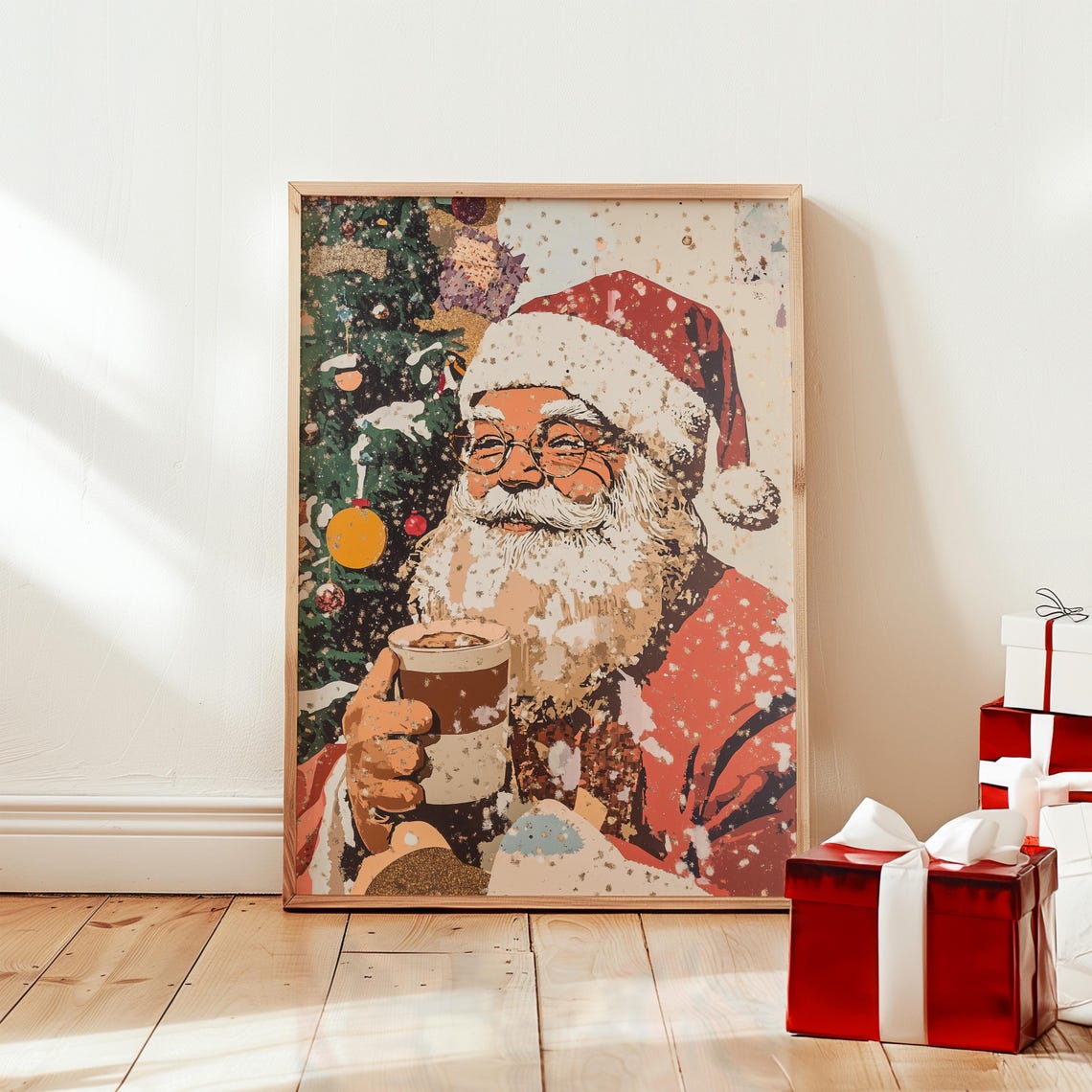 Vintage Santa Claus with Coffee by Christmas Tree Retro Holiday Poster
