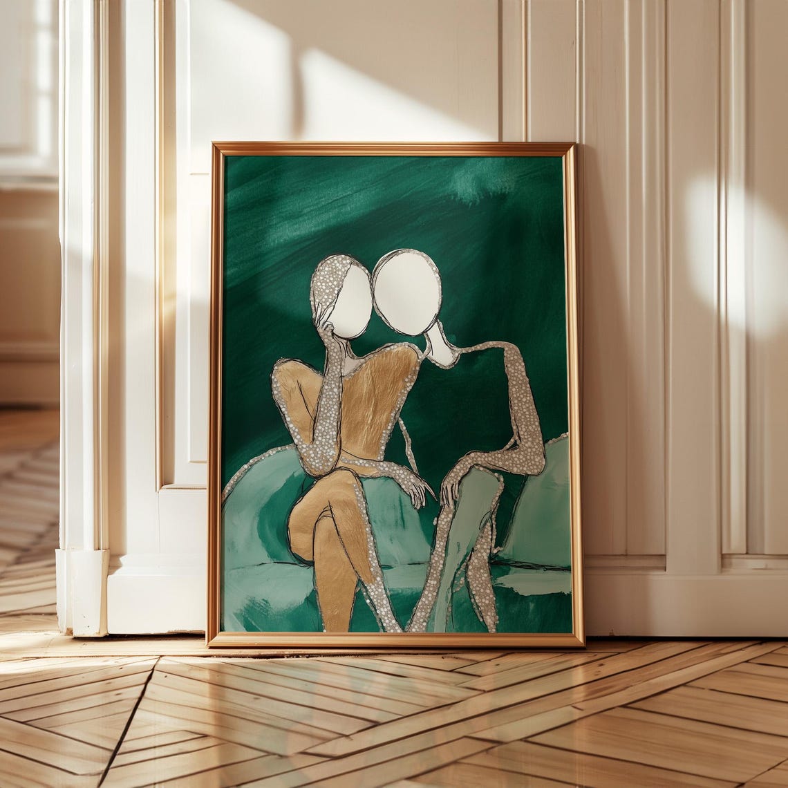 Two Figures Leaning Together on a Green Sofa in Gold Tones Poster