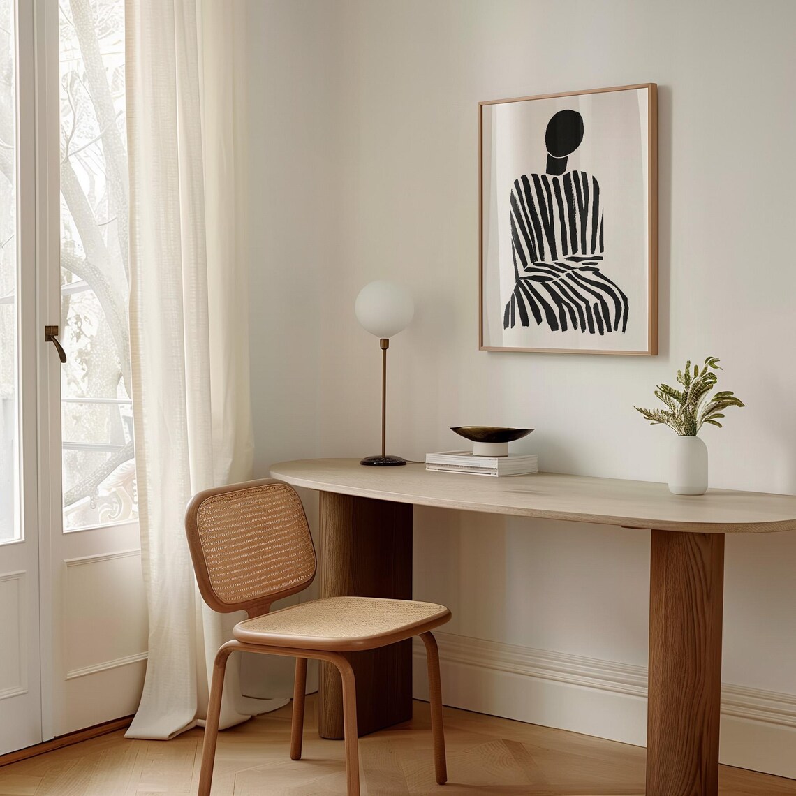 Minimalist Seated Woman In Striped Dress Abstract Art Poster - Image 3