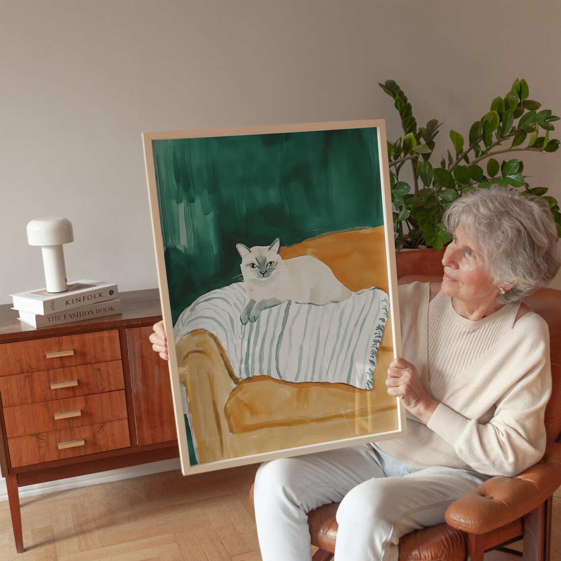 Alert White Cat On Striped Chair Teal And Orange Modern Feline Painting Poster - Image 4