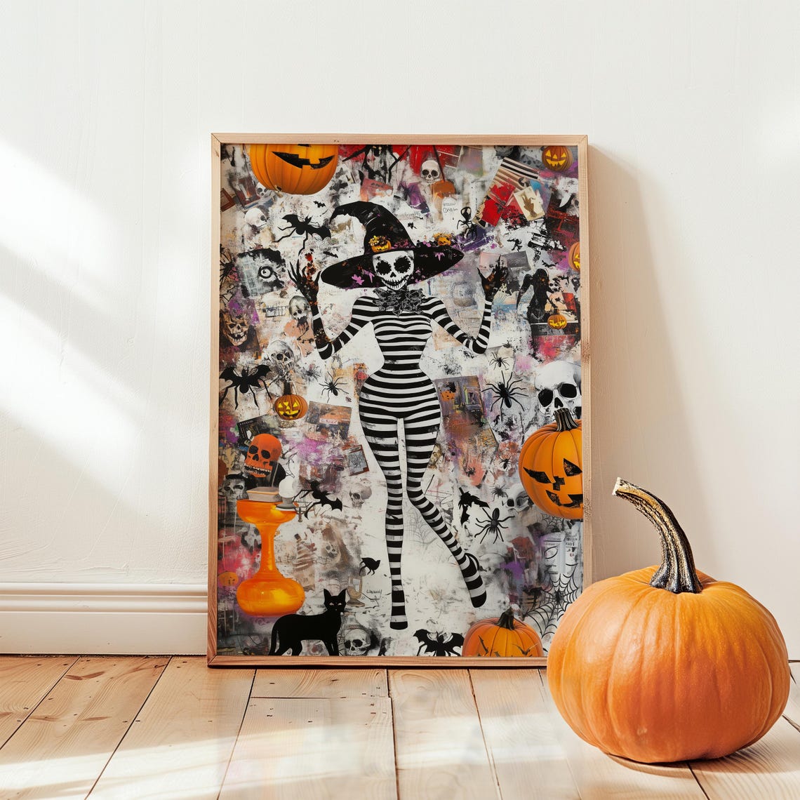Skeleton Witch With Pumpkins And Bats Halloween Collage Poster