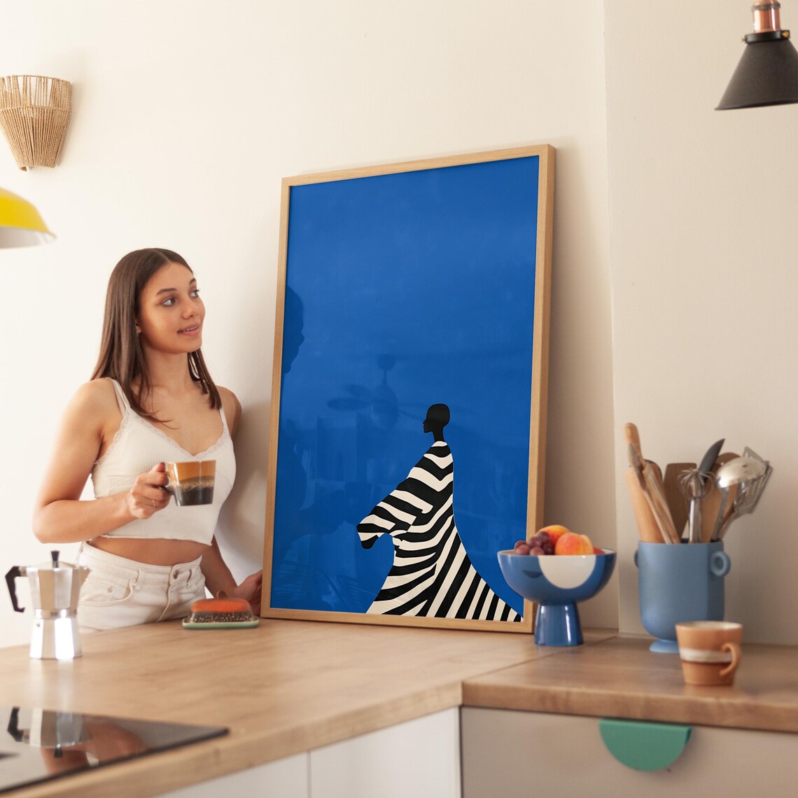 Striped Blanket Woman Silhouette Electric Blue Minimalist Art Poster - Image 2