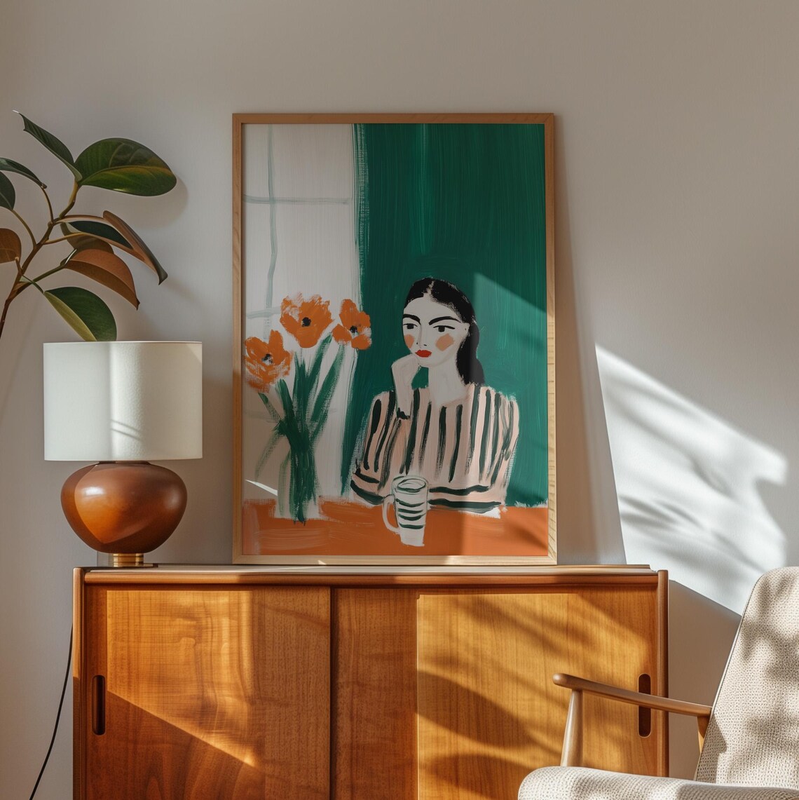 Modern Woman With Coffee And Orange Flowers, Minimalist Kitchen Decor - Image 5