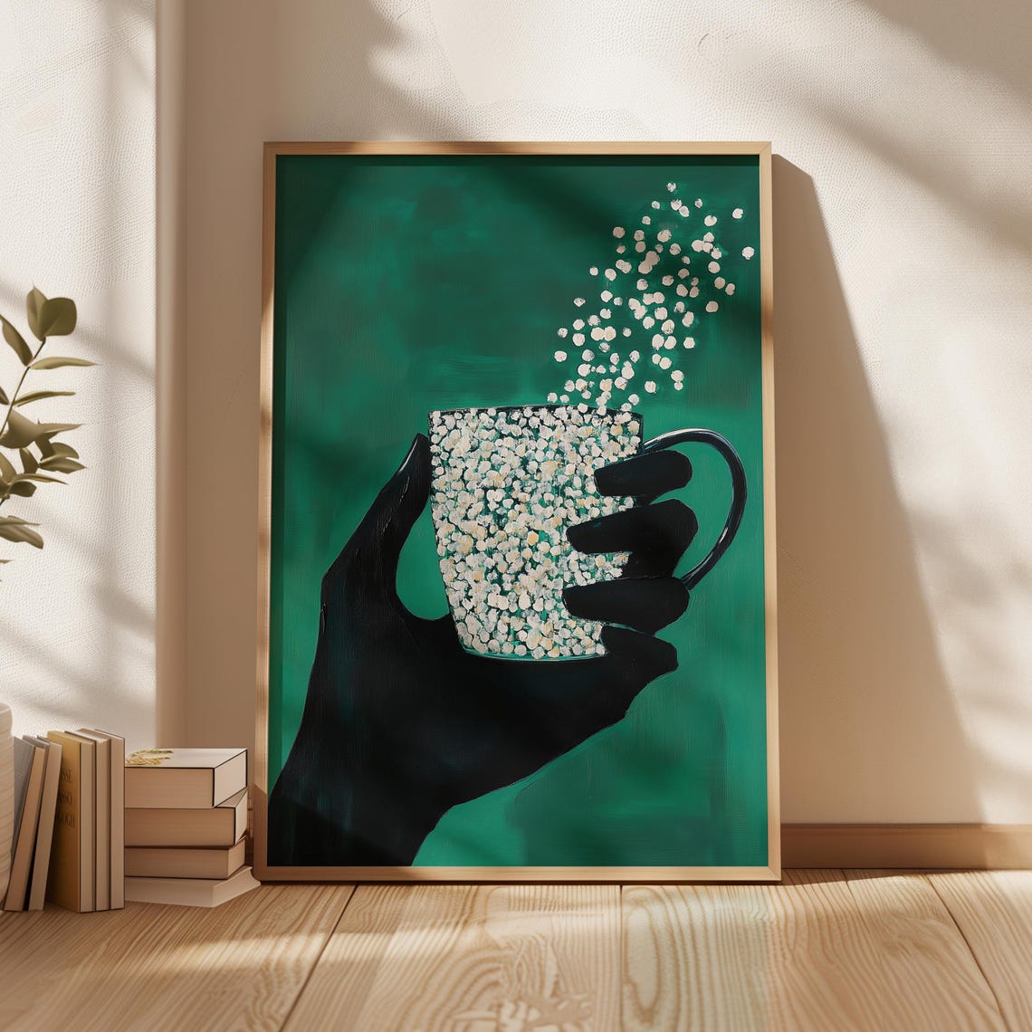 Modern Coffee Mug Wall Art Abstract Hand Holding Cup Painting Monochrome And Speckled Drink Print Cozy Minimalist Kitchen Decor