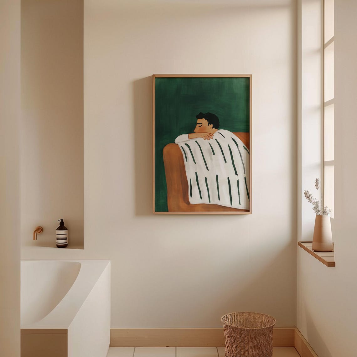 Sleeping Man Under Striped Blanket Peaceful Green Bedroom Wall Art - Image 4
