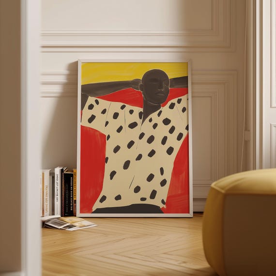 Man In Dotted Shirt Print Abstract Portrait Wall Art Red And Yellow Background Modern Minimalistic Art Bold Home Decor