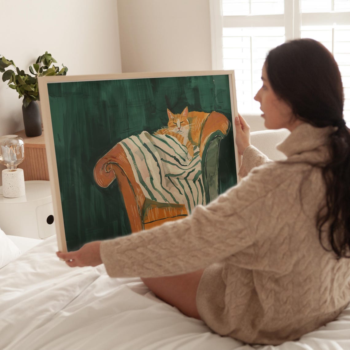 Sleeping Orange Cat Striped Blanket Couch Emerald Green Pet Art Poster - Image 3