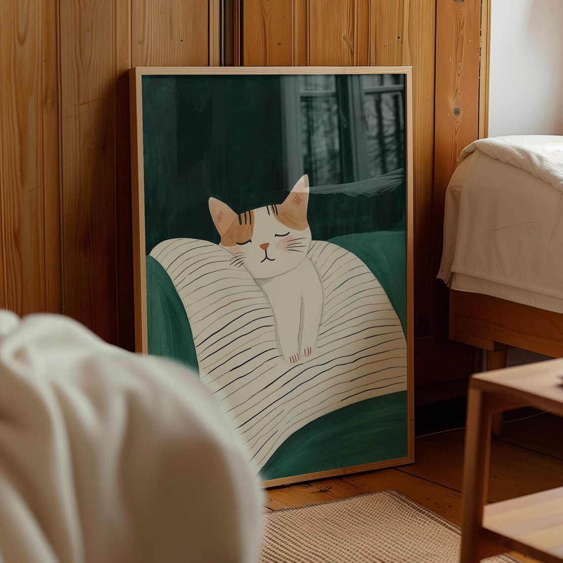 Sleeping Cat Curled Up On Striped Cushion Illustration Poster - Image 3