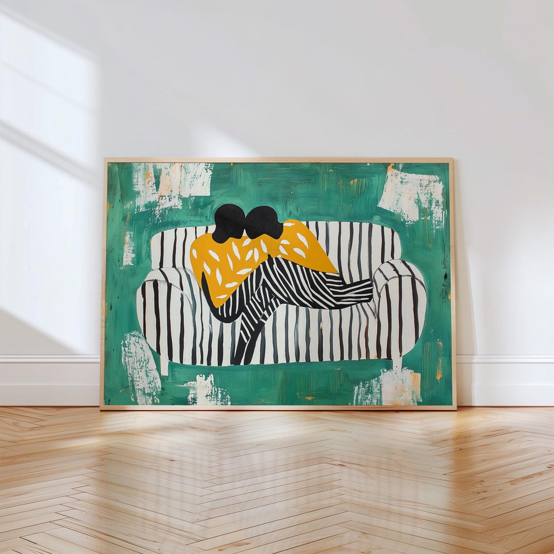 Sweet Couple Snuggling on Striped Couch Teal Abstract Love Poster - Image 2