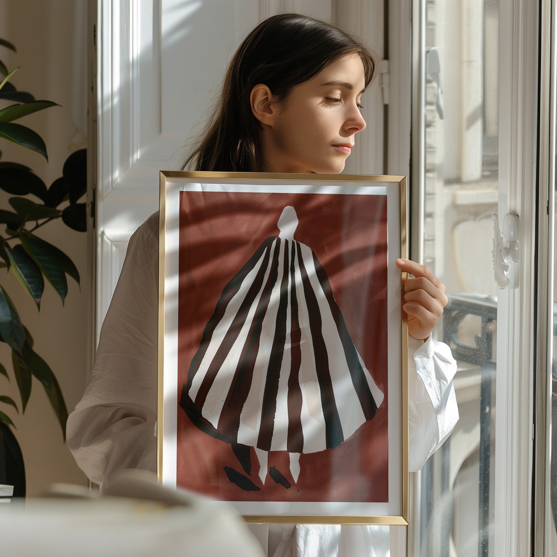 Abstract Woman Striped Dress Deep Red Background Modern Art Poster - Image 4