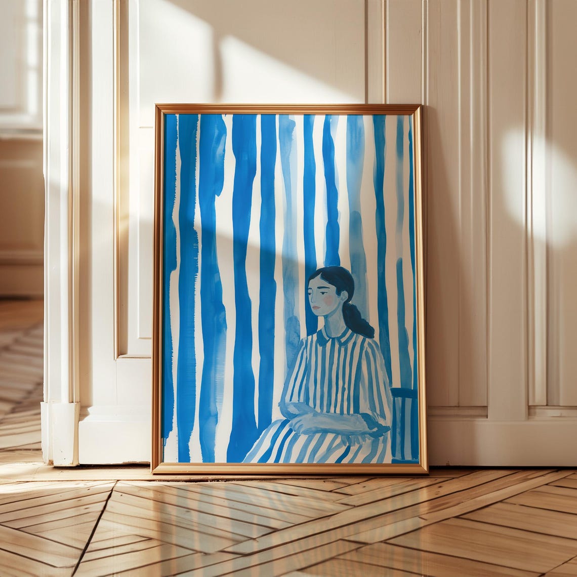 Woman in a Striped Dress Amid Bold Blue Vertical Brushstrokes Poster - Image 5