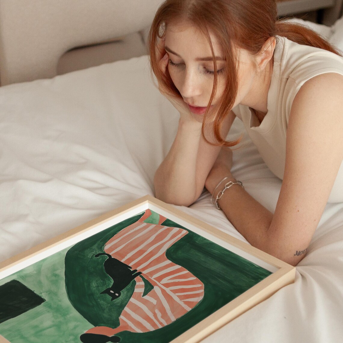 Woman With Black Cat Painting Striped Dress Green Background Pet Art Poster - Image 4