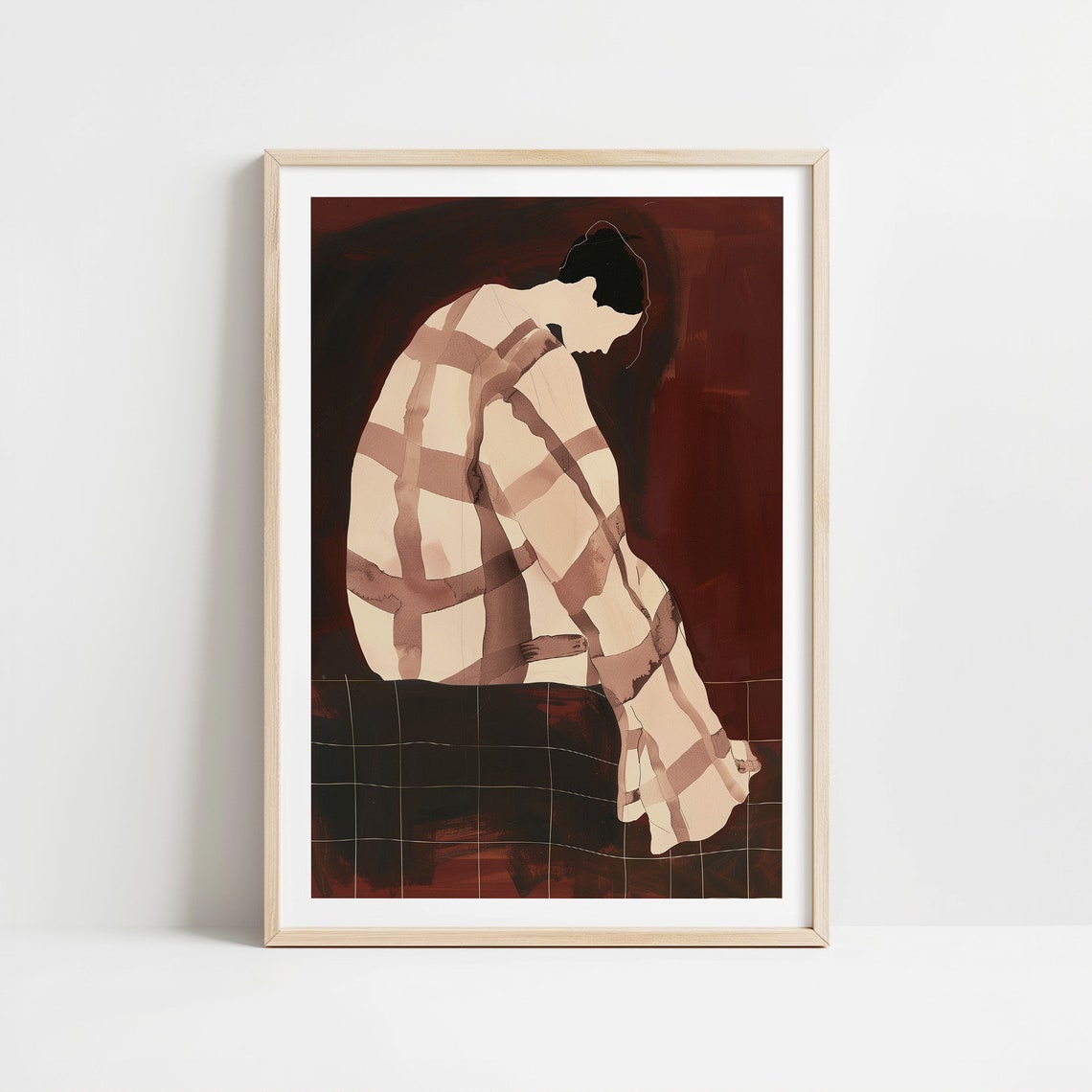 Woman Wrapped In Plaid Blanket Warm Tones Abstract Figurative Poster