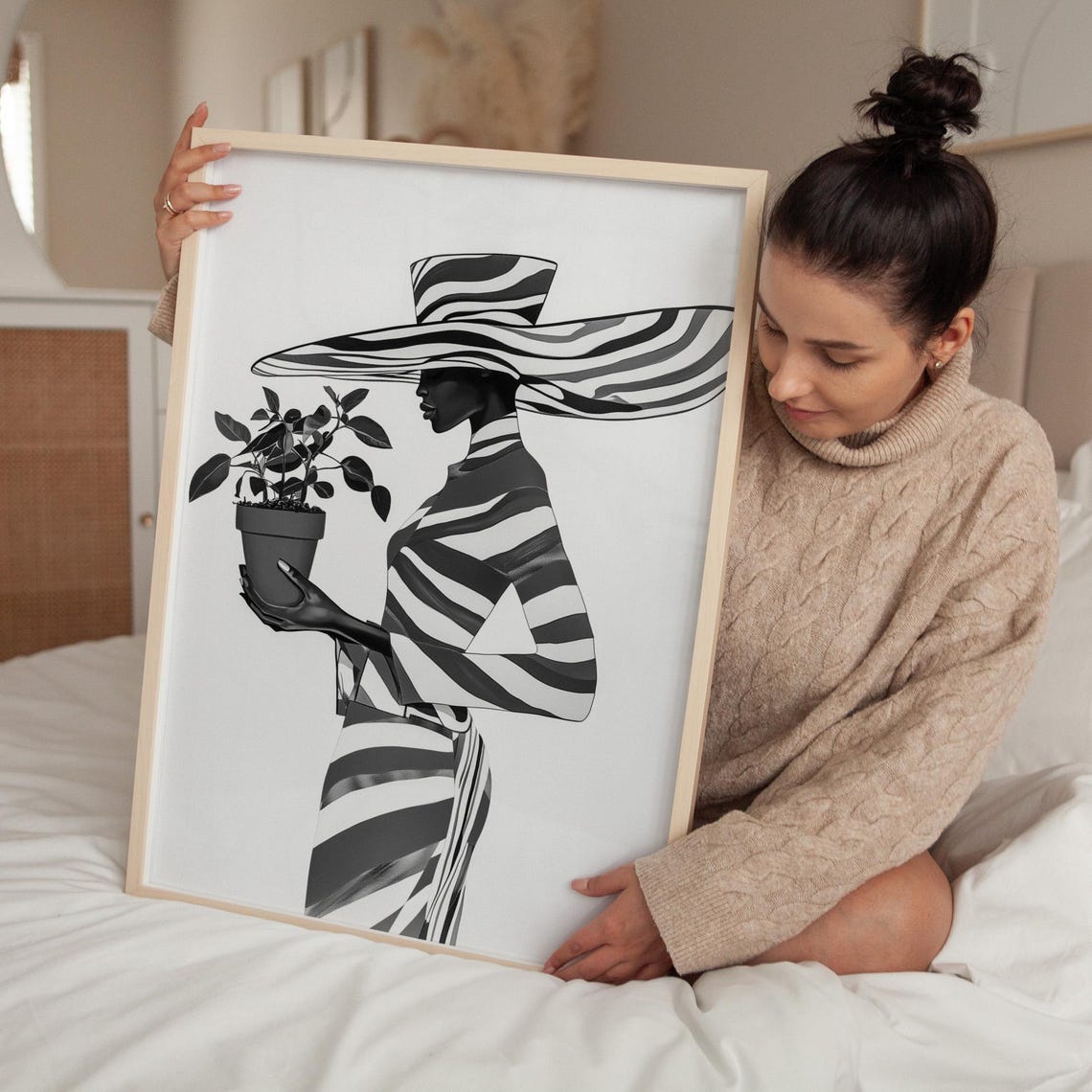 Woman Striped Sun Hat Potted Plant Black White Fashion Poster