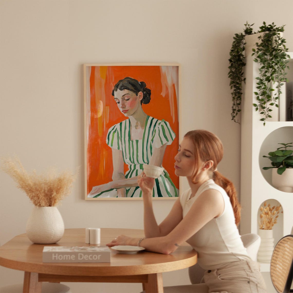 Portrait Of Woman In Green Striped Dress Modern Figurative Painting Bold Orange Background Contemporary Wall Art Expressive Brushstrokes - Image 4