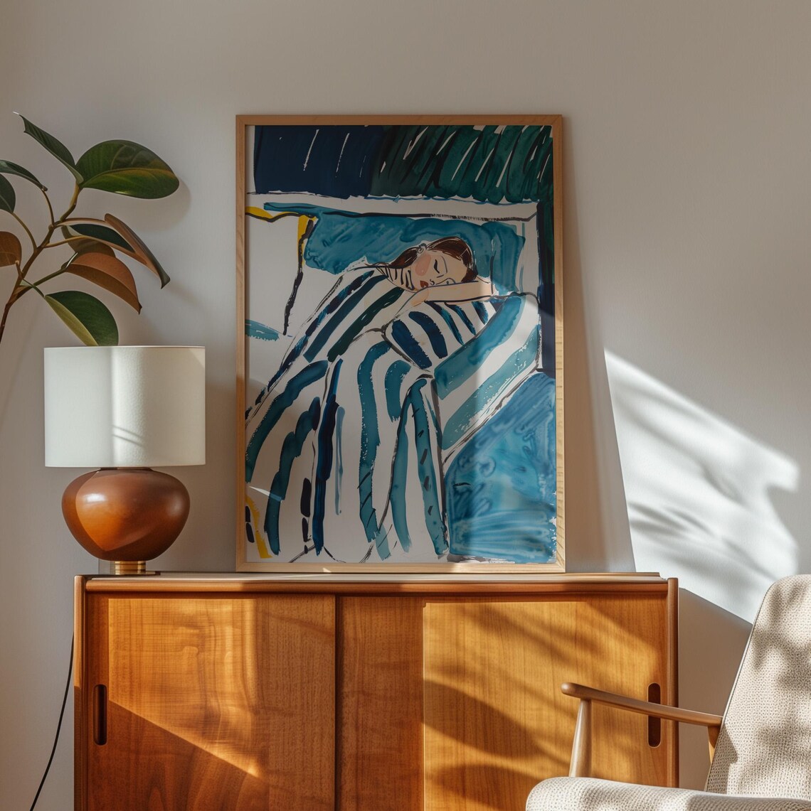 Abstract Sleeping Woman Print, Modern Blue Bedroom Art - Image 2