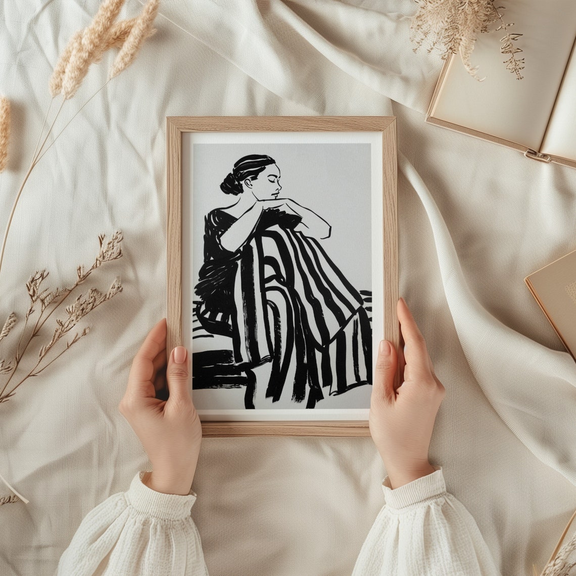 Contemplative Woman Ink Sketch with Flowing Striped Drapery Poster - Image 2