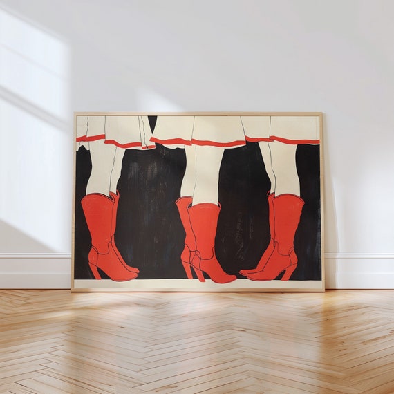Red Cowgirl Boot Print Cute Girly Painting Trendy Dorm Decor Western Wall Art Vintage Inspired Abstract Red Boots