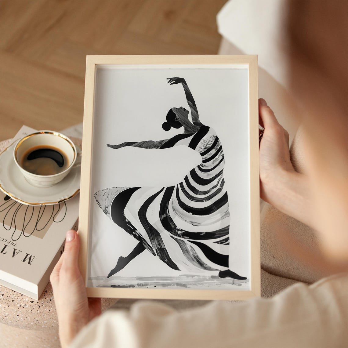 Minimalist Ballet Dancer In Striped Gown Black And White Wall Art - Image 2