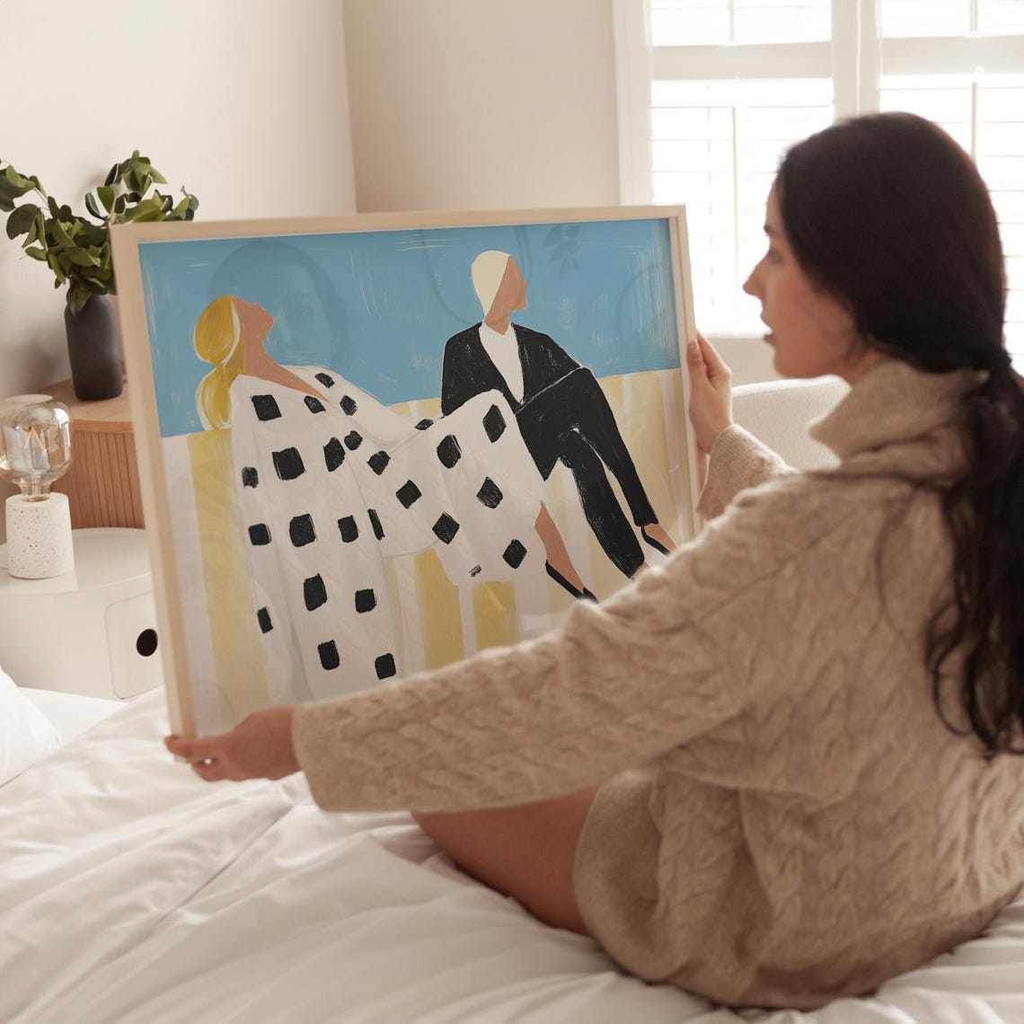 Seaside Couple Polka Dot Dress and Black Suit Blue Sky Poster - Image 3