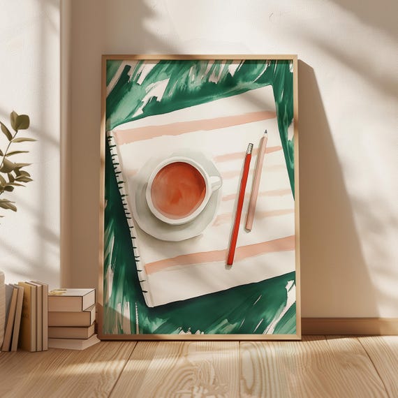 Sketchbook And Tea Art Print Creative Workspace Decor Cozy Artist Desk Illustration Minimalist Home Office Wall Art Tea Lover Gift