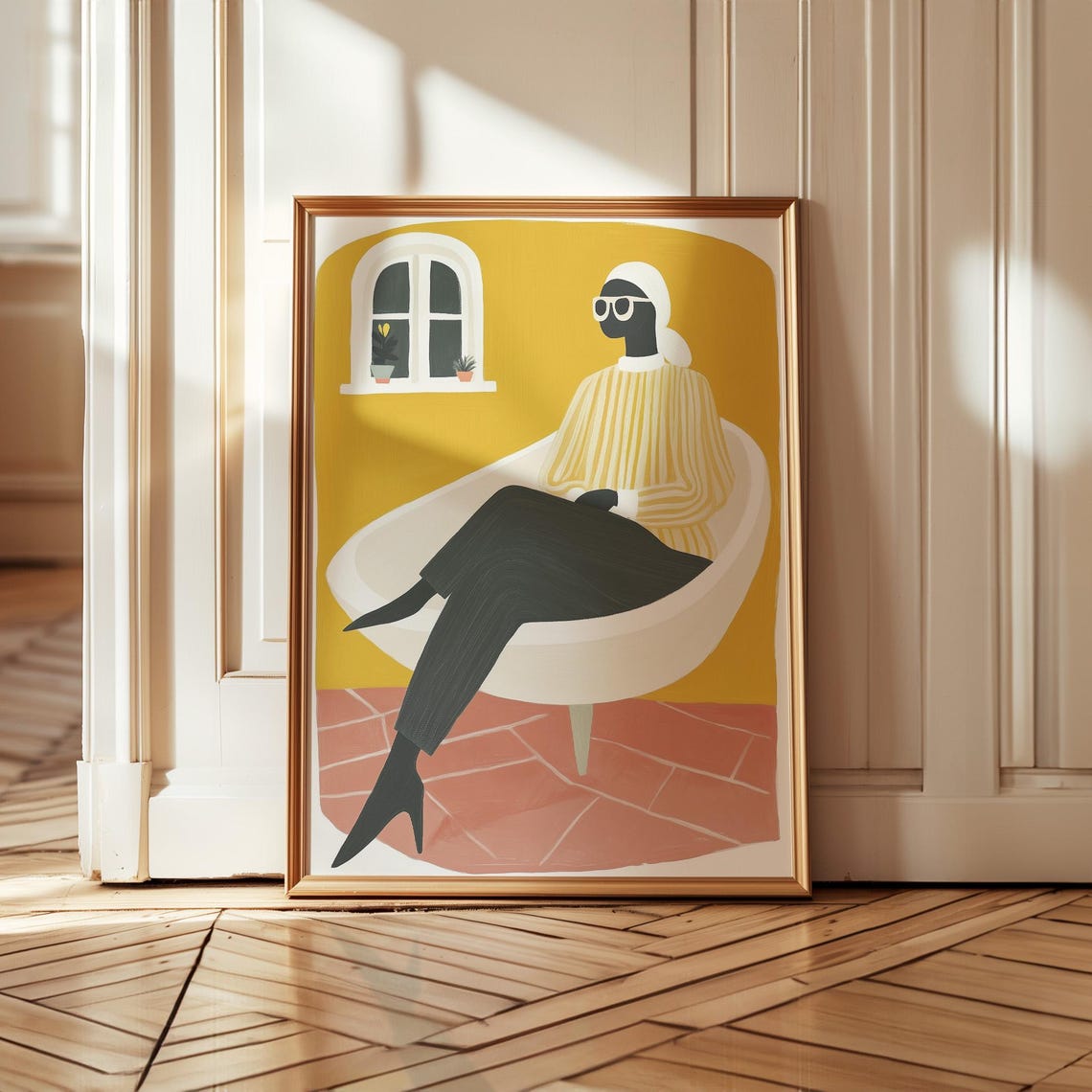 Stylish Woman Sunglasses Headscarf Yellow Interior Fashion Art Poster
