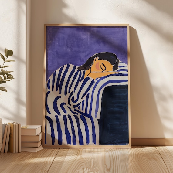 Sleeping Woman Abstract Purple Background Blue Striped Figure Poster