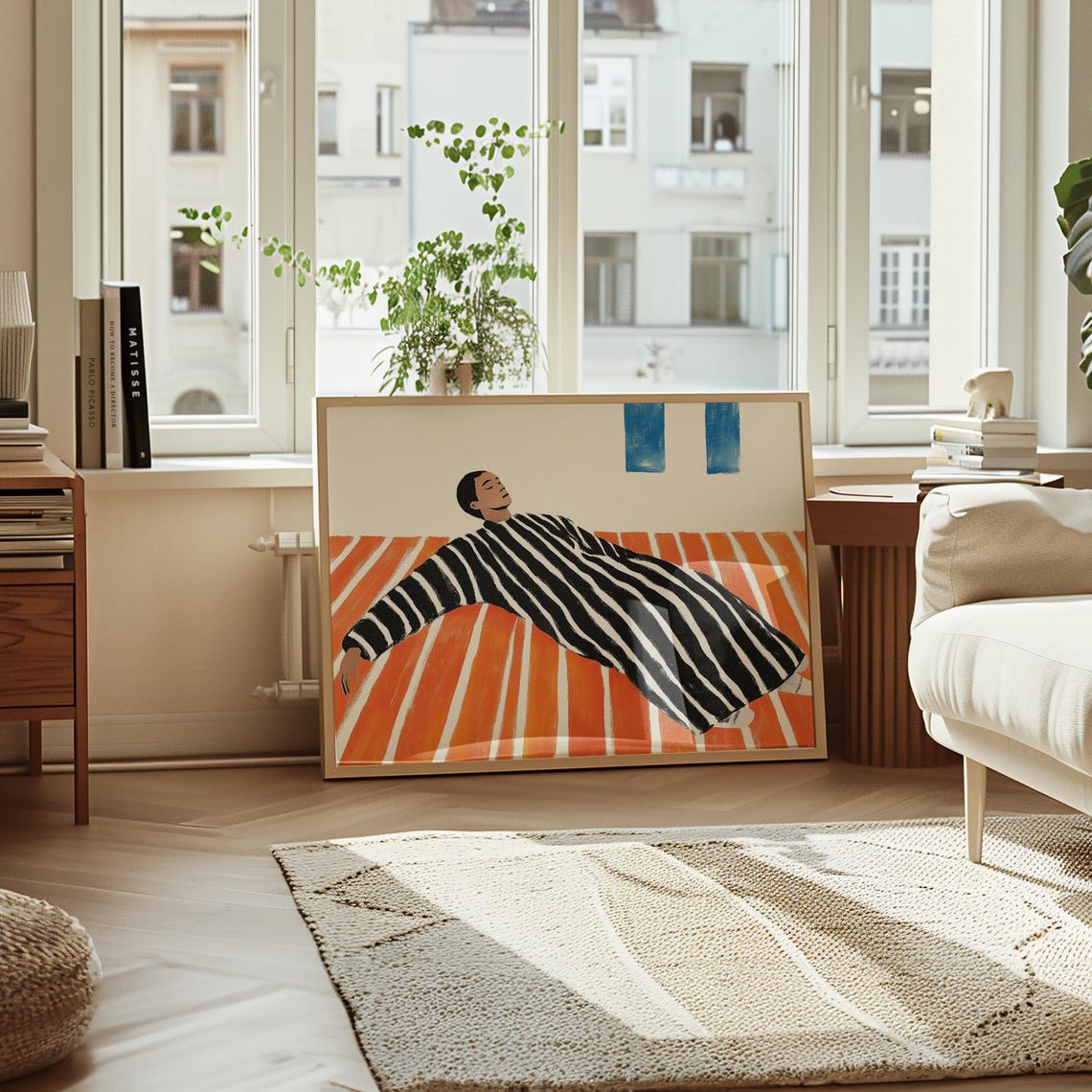 Reclining Woman in Striped Dress on Orange Background Modern Poster - Image 4