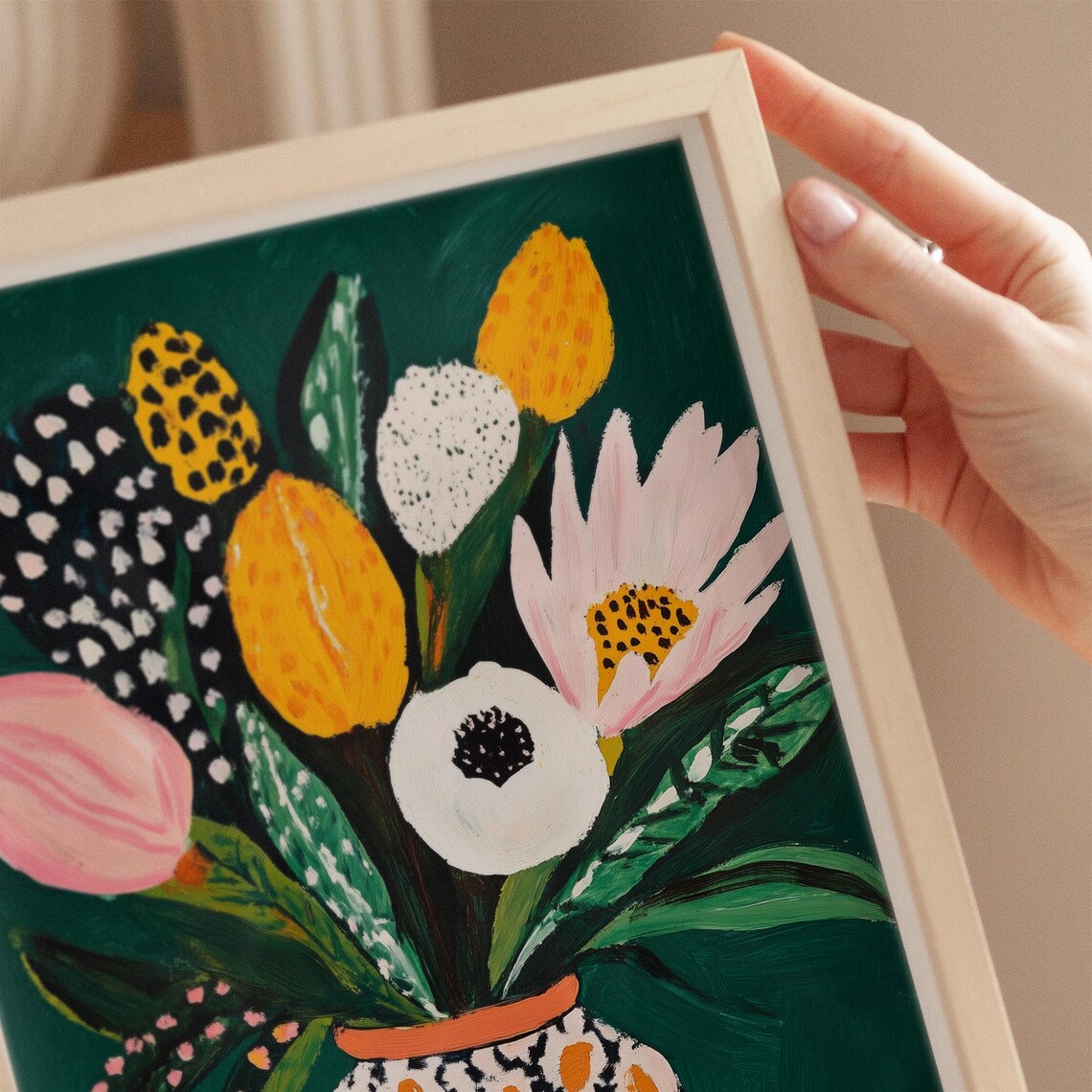 Bold Pink Yellow Flower Bouquet Polka Dot Vase Dark Green Art Poster - Image 2