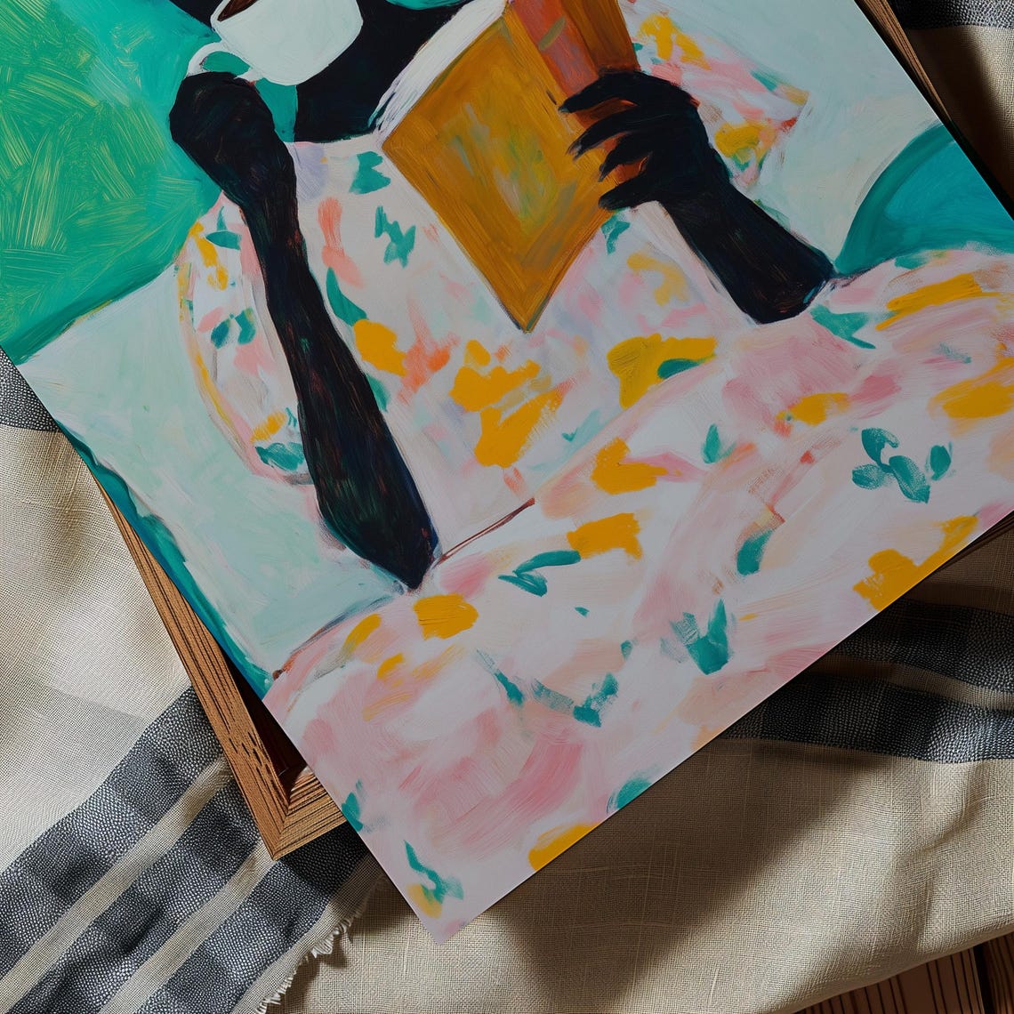 Woman Reading Book With Coffee Teal Background Silhouette Art Poster - Image 4