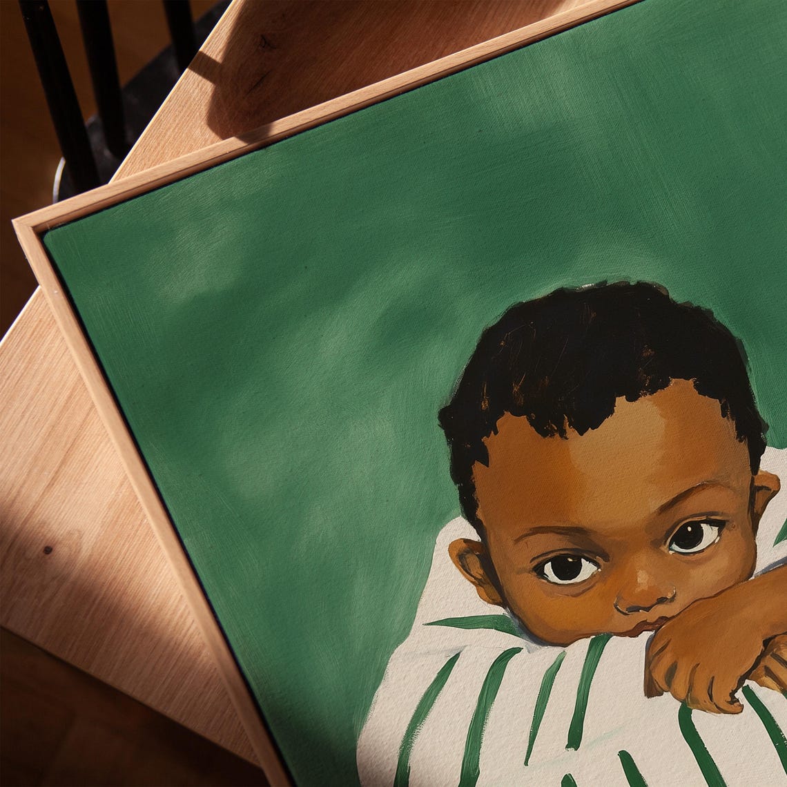 Young Boy Resting Chin On Arms Striped Bedding Nursery Wall Art - Image 4