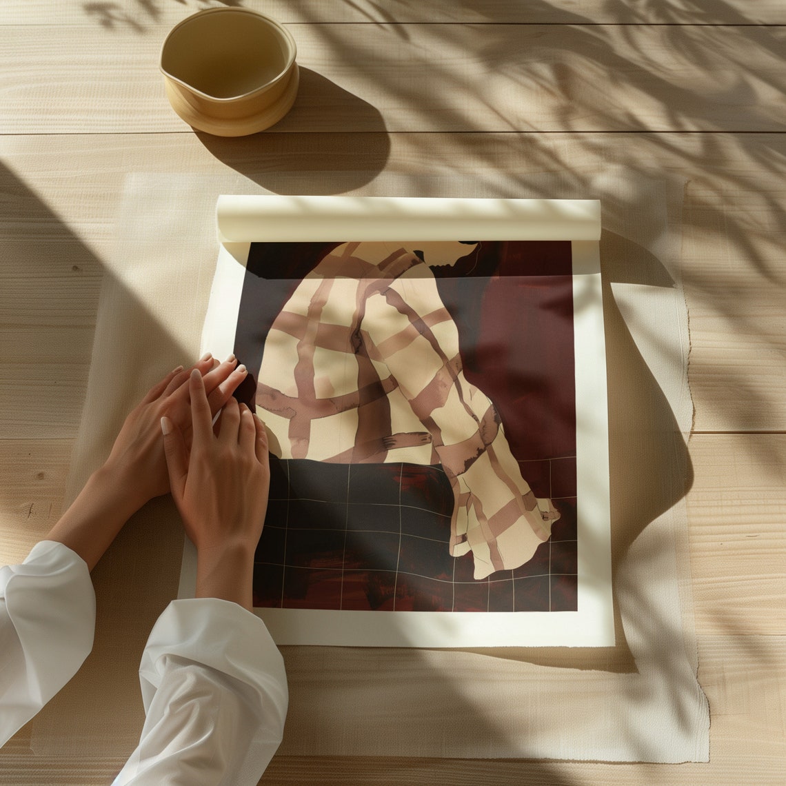 Woman Wrapped In Plaid Blanket Warm Tones Abstract Figurative Poster - Image 2