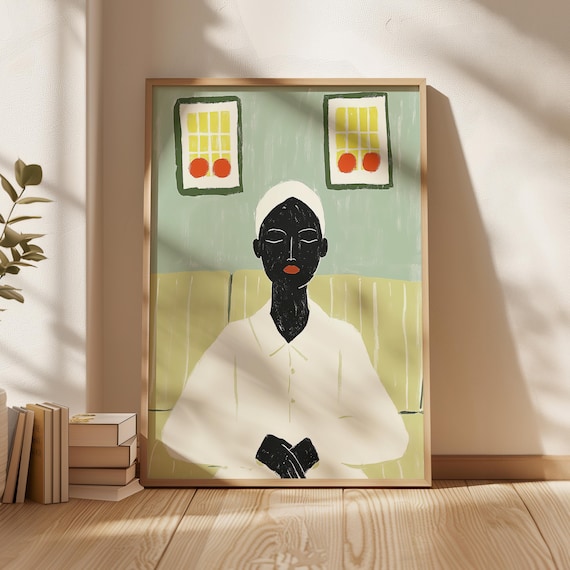 Woman In White Robe In Green Interior With Yellow Windows Art Poster