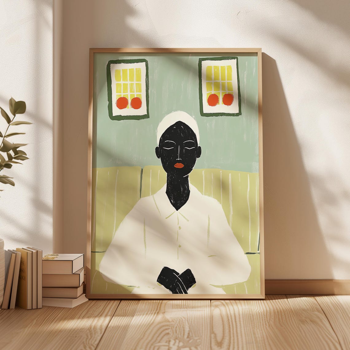 Woman In White Robe In Green Interior With Yellow Windows Art Poster