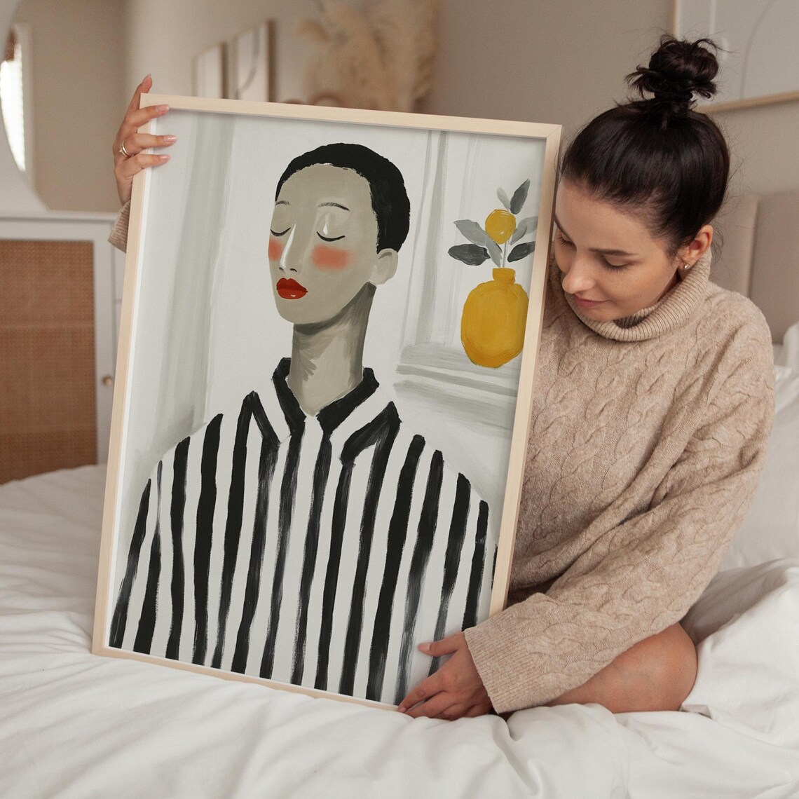 Serene Woman in Striped Shirt With Lemon Vase Minimalist Poster - Image 3