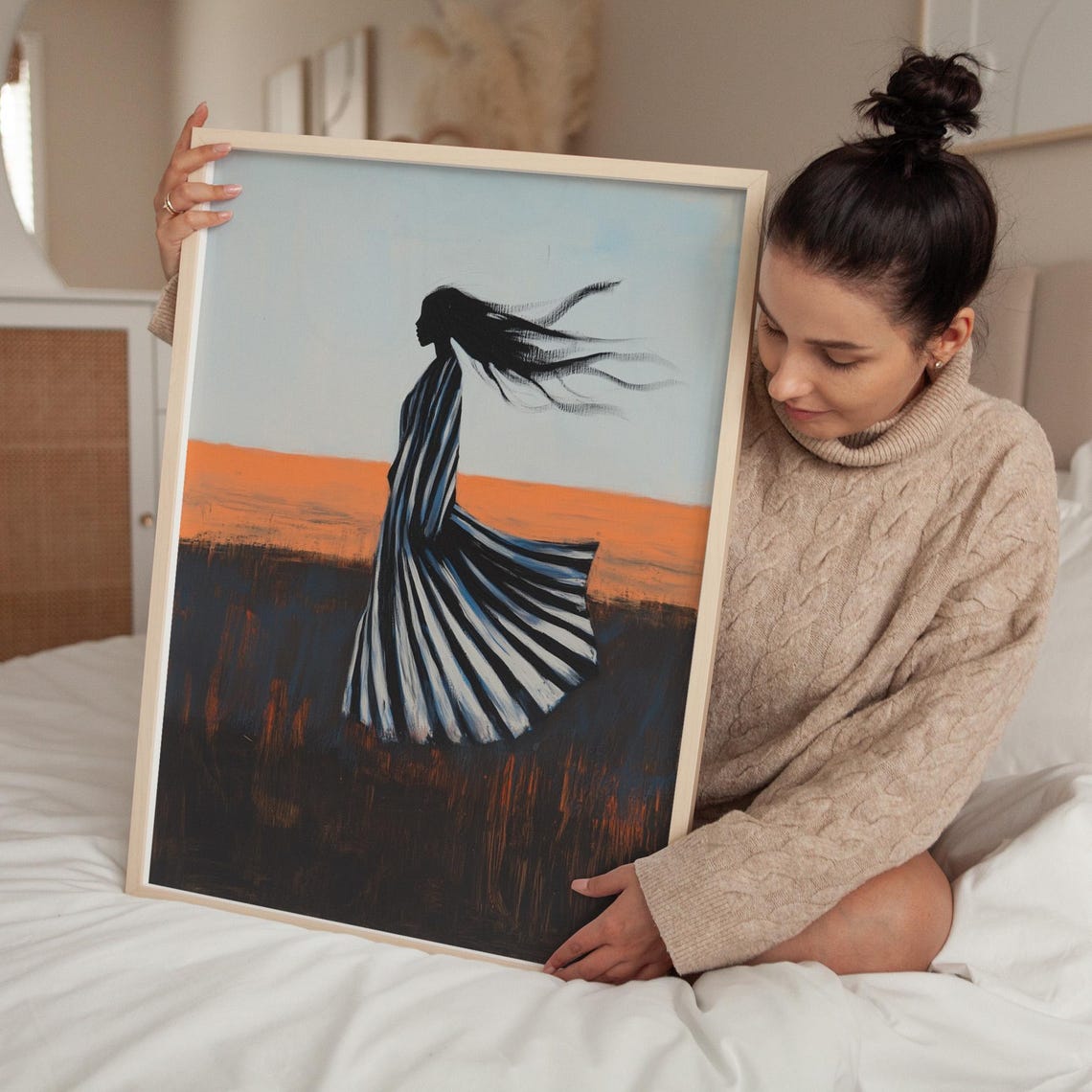 Striped Dress Woman Silhouette Orange Horizon Minimalist Poster