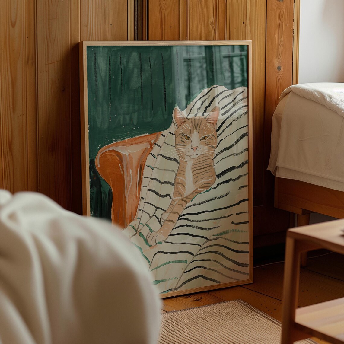 Ginger Tabby Cat Sitting On Striped Armchair Green Curtain Cozy Artwork Poster - Image 4