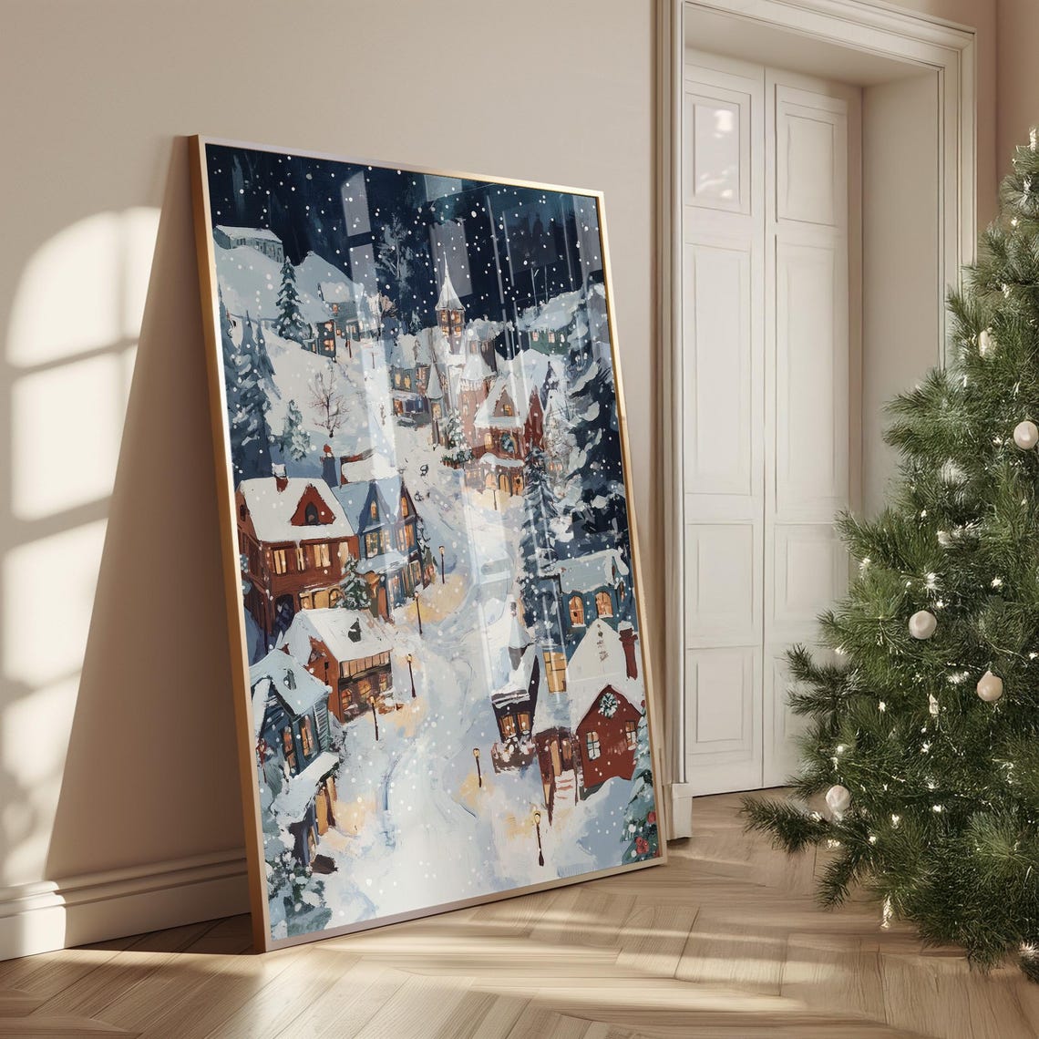 Snowy Christmas Village Night Magical Charming Cozy Winter Art Poster - Image 3