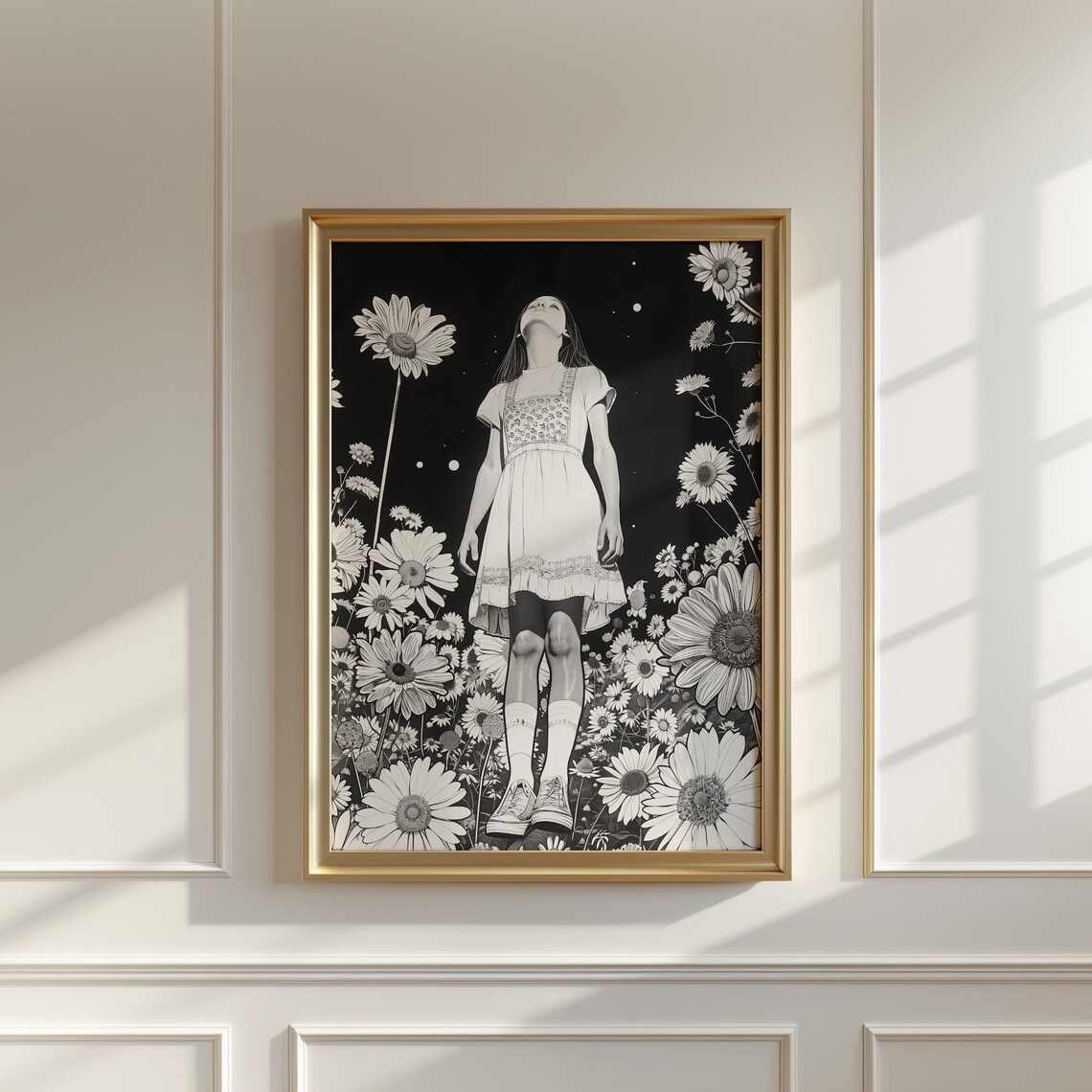 Black And White Flower Girl Among Giant Daisies Illustration Poster - Image 2
