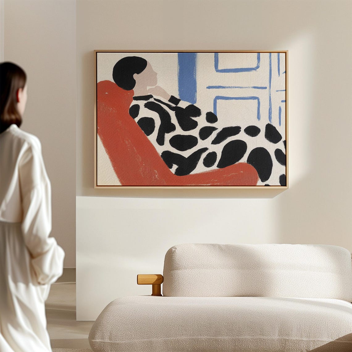 Abstract Woman In Red Chair Modern Minimalist Black And White Art Bold Blue Accents Contemporary Artwork Stylish Wall Decor - Image 2